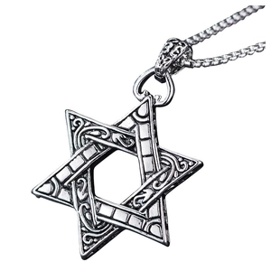 Vintage silver hexagon star pendant necklace with intricate engraved patterns for men