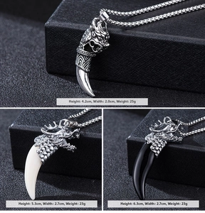 Detailed views of vintage dragon head pendant necklaces in three sizes with dimensions