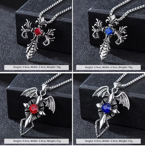 Gothic cross pendants with vintage silver finish, colorful stones, and specific dimensions