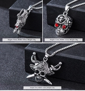 Detailed views of punk stainless steel dragon and skull pendants with red crystal eyes