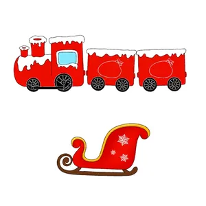 Christmas resin miniature red train and reindeer sleigh set with white snow ornaments