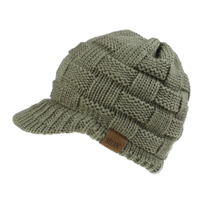 Olive green knitted ponytail baseball hat with warm earflaps and leather patch detail