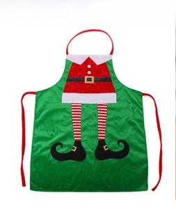 Detailed view of green Christmas elf apron with red striped legs and 3D costume design