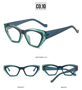 Multi-angle view of two-tone geometric glasses frames in dark blue and emerald green
