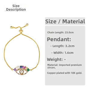 Detailed size chart for Evil Eye bracelet with colorful zircons and 18K gold plated copper