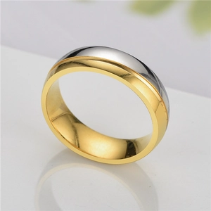 Macro view of two-tone gold and silver titanium steel ring with polished finish