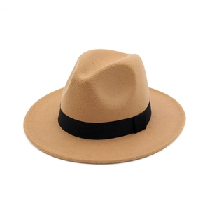 Classic camel wool felt fedora hat with black ribbon band for men and women