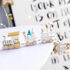 Wooden Christmas train ornament in white and gold featuring four festive carriages