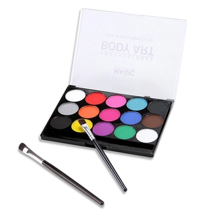 12-color face and body painting kit with two professional brushes on white background