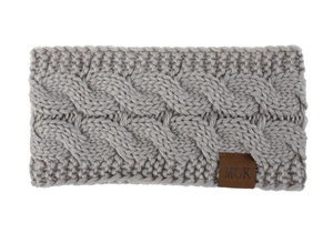 Vue détaillée d'un bandeau en maille torsadée grise avec un logo en cuir de marque MOK