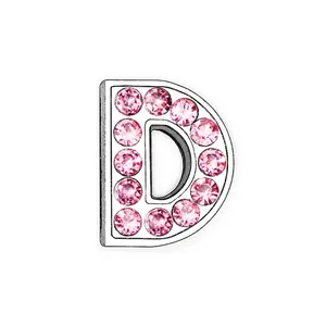 Silver 8mm letter D charm accessory with pink rhinestone pavé for DIY jewelry