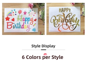 Detail of Happy Birthday stickers for balloons with cartoon icons and gold foil font styles