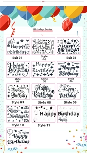Detailed catalog of 12 black Happy Birthday balloon stickers with diverse artistic fonts