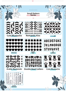 Detailed grid layout of black balloon stickers with alphabets and heart patterns