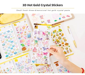 Macro detail of 3D gold-stamped crystal stickers with dreamy glitter and unicorn themes