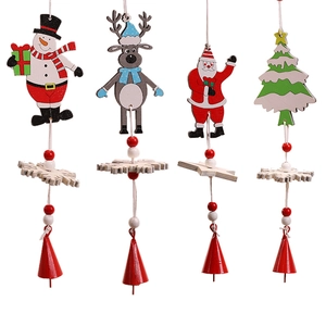 Painted wooden Christmas wind chimes with bells featuring Santa, Snowman, and Reindeer
