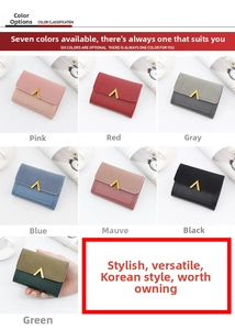 Detail view showing seven colors of women's short tri-fold wallets with V-metal decor