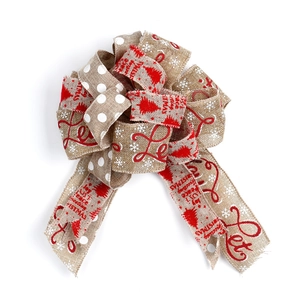 20cm burlap Christmas bow tree topper with festive Merry Christmas and snowflake prints