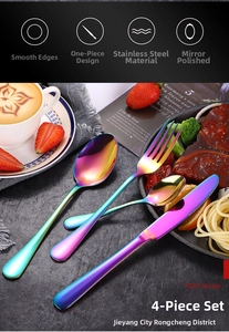 Detailed macro view of 4-piece rainbow stainless steel cutlery set with mirror polish