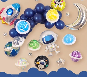 Detailed set of space theme party balloons with astronaut, rocket and colorful planets