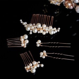 Vintage baroque pearl hair comb and hairpin set for bridal weddings with gold wire