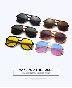 Detailed flat lay of aviator sunglasses with thick double bridge frames in six color styles
