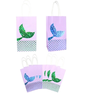 Bolsas de regalo de sirena con lámina dorada y asa, bolsas de papel rosa y morado para fiesta