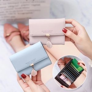 Slim leaf pendant accordion card wallet in pink and blue with multi-card slots