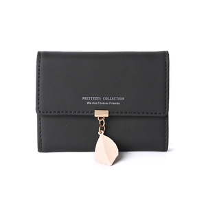 Slim black leaf pendant accordion card holder for women with sleek matte finish