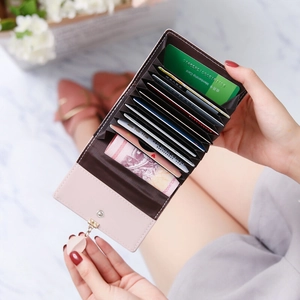 Pink leaf pendant accordion card holder wallet with multiple slots for women
