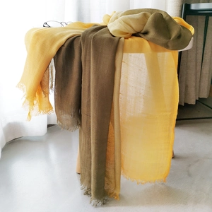 Detailed texture of cotton linen scarf featuring yellow to olive green gradient and fringe