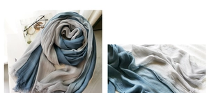 Detail of blue-grey gradient cotton linen scarf featuring delicate fringe and soft texture