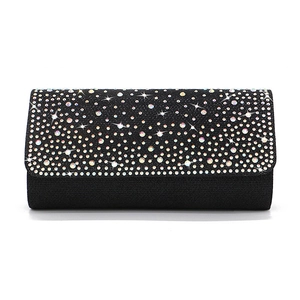 Elegant black evening clutch bag with sparkling rainbow rhinestones for formal dinner parties
