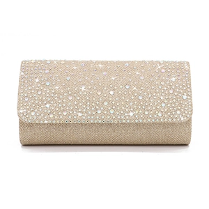 Champagne gold rhinestone evening clutch bag with sparkling metallic fabric and hard shell
