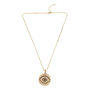 Detail of gold evil eye pendant with blue zircons and lobster clasp on box chain