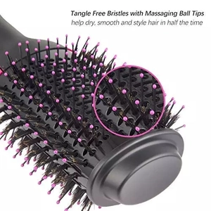 Detail of multi-functional hot air brush head with tangle-free bristles and massage tips
