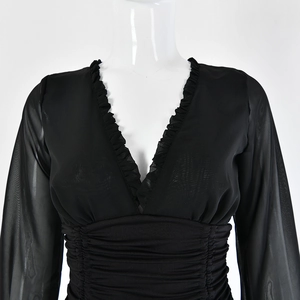 Detail of V-neckline with ruffle trim and sheer mesh sleeves on a black mini dress