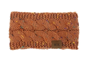 Close-up of mustard yellow chunky knit headband with colorful flecks and MOK leather tag