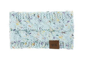 Close-up of cable-knit texture and leather brand label on light blue speckled headband
