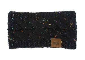 Detail of black knitted headband with colorful flecks and a brown leather logo patch