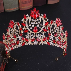 Gold Baroque bridal crown with vintage red gemstones and crystals for luxury styling