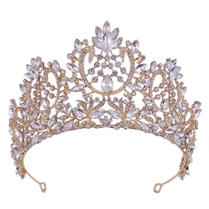 Baroque bridal crown with gold metal frame, clear crystals and teardrop centerpiece