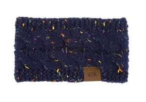 Macro detail of navy knit headband featuring cable stitch texture and a brown leather logo tag