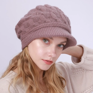Gorro de Punto de Invierno para Mujer con Visera Forro Polar Trenzado Cálido Mezcla de Acrílico y Pelo de Conejo