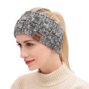 Winter knitted headband in grey melange with leather logo detail and thermal protection