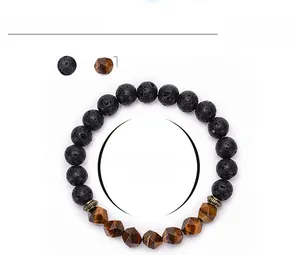 Detail view of 8mm faceted tiger eye and lava stone beads with metal spacers