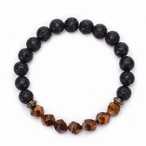 Detailed close-up of faceted tiger eye and black lava stone beads on a white background
