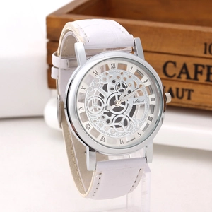 Detailed close-up of hollow dial quartz watch with white leather strap and Roman numerals