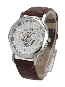 Detailed macro of silver hollow dial quartz watch with brown leather strap and Roman numerals