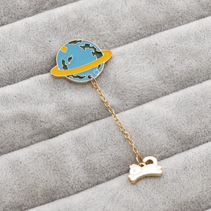Japanese style cartoon planet and cat enamel brooch pin with golden chain link